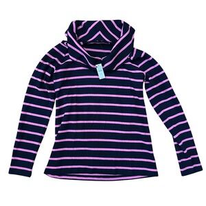 Talbots Raglan Waffle Knit Cowlneck Tee in navy blue and pink stripe Size S NWT